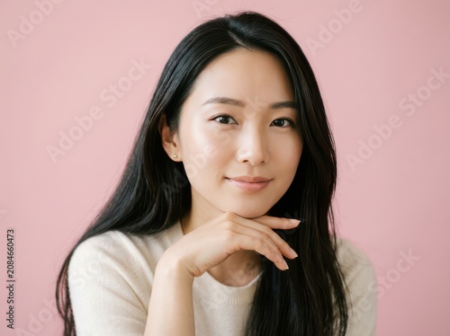 Young asian woman with long black hair smiling and resting her chin on her hand while posing against a solid vibrant pink background