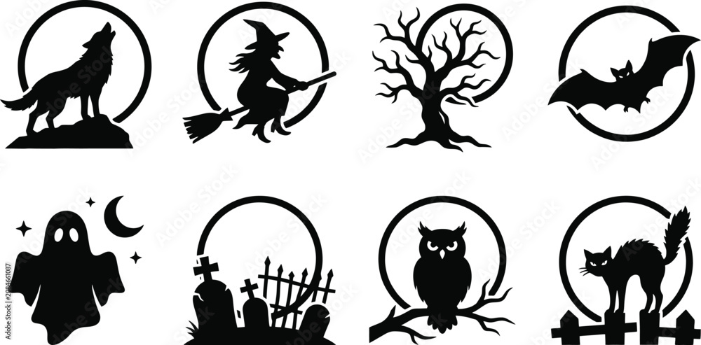 Fototapeta premium Halloween Silhouette Icons Set On White Background