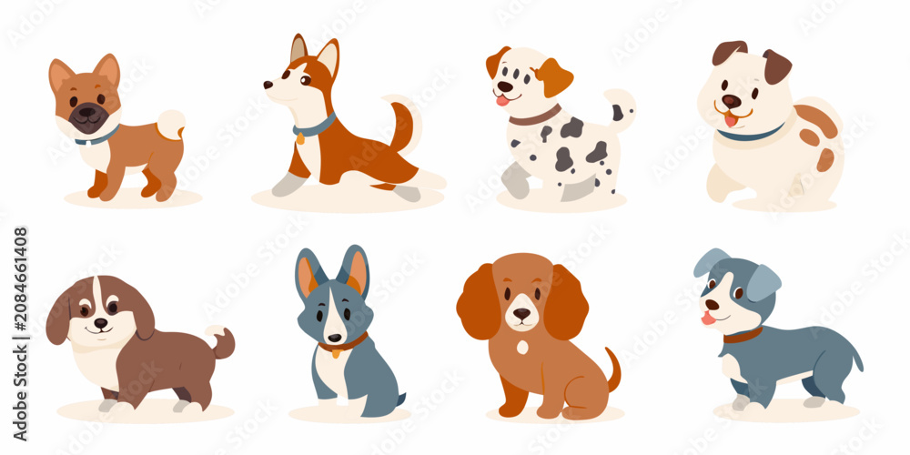 Fototapeta premium cartoon dog breeds collection in colorful vector style on white background illustration canine puppy animal pet funny adorable cute design graphic
