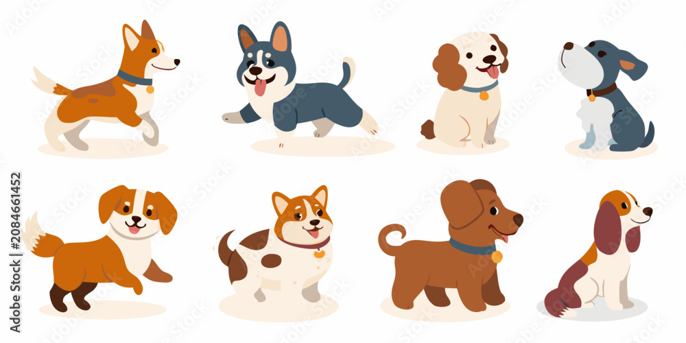 Obraz premium cartoon dogs collection in colorful vector style on white background dog breeds illustration canine puppy animal pet funny happy cute design