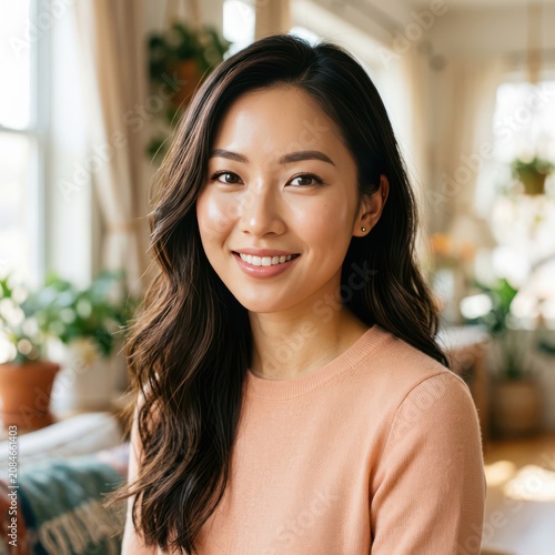 Beautiful young asian woman smiling at camera with long dark hair in a bright and cozy sunlit home interior with green plants in the background