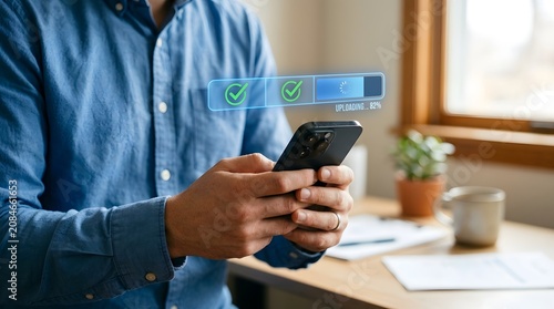 Man uploading file on smartphone with progress bar