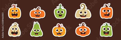 A collection of adorable cartoon pumpkins and gourds with a unique shape and cheerful expression perfect for autumn, Halloween themed designs, stickers, greeting cards, and seasonal decorations.