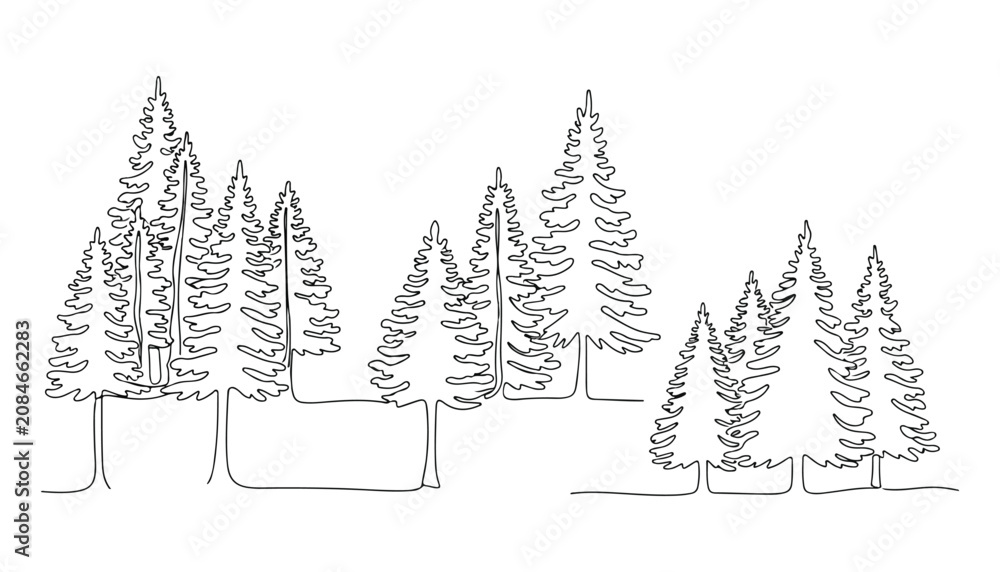 Obraz premium Continuous Simple black line art drawing set of pine trees in a minimalist style on a white background.