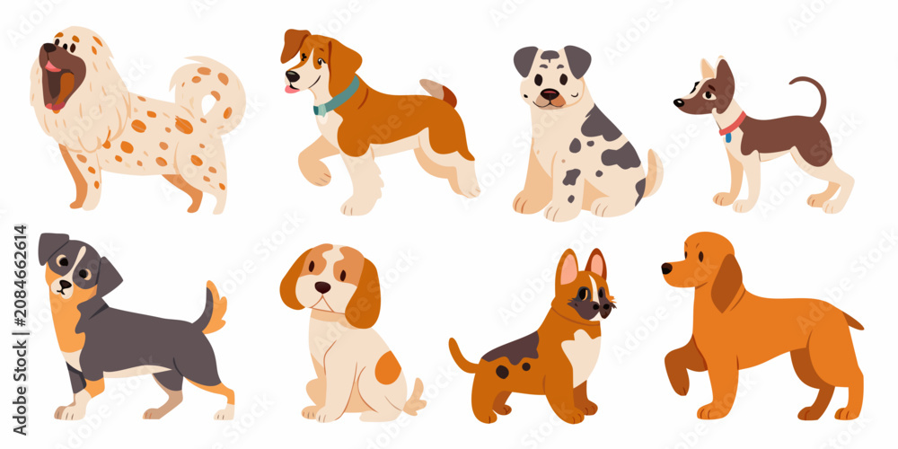 Fototapeta premium cute cartoon dog breeds collection in flat vector style dogs illustration canine puppy animal pet beagle dalmatian collie shepherd terrier chihuahua