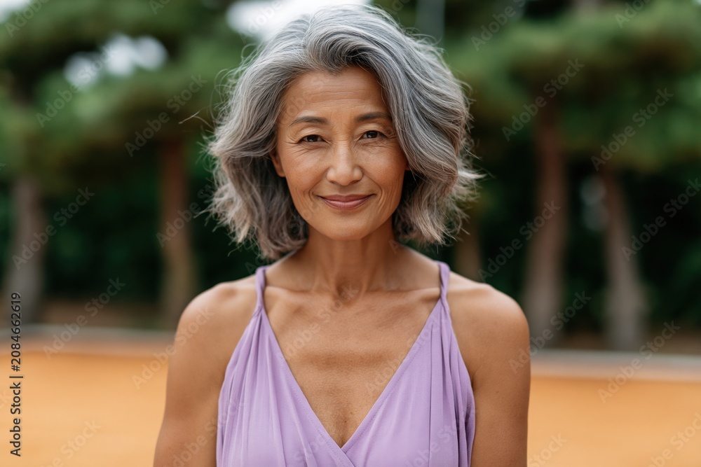 Obraz premium Confident mature woman with gray hair smiling outdoors for wellness portrait and lifestyle banner