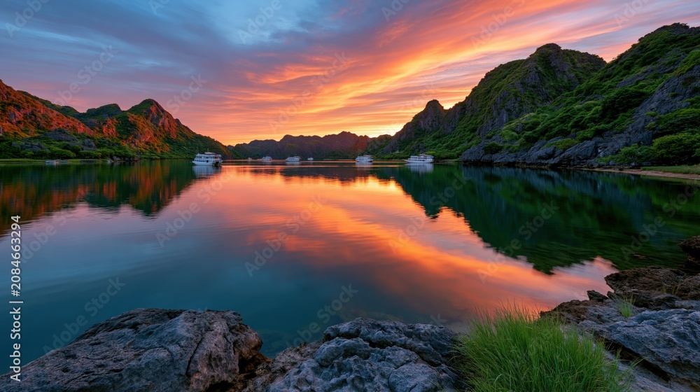 Fototapeta premium Vibrant lake sunset with dramatic clouds and mountain reflections for panoramic background and banner design