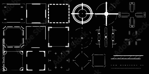 Foto futuristic frames and shapes line art on black background geometric design patte