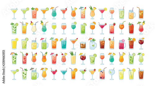 Canvastavla Tropical cocktail drink icons set, colorful summer alcoholic beverages vector co