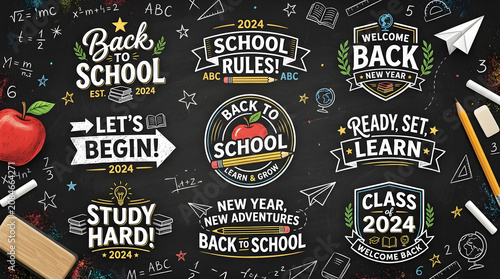 Back to school 2024 chalkboard labels and badges isolated on a transparent background