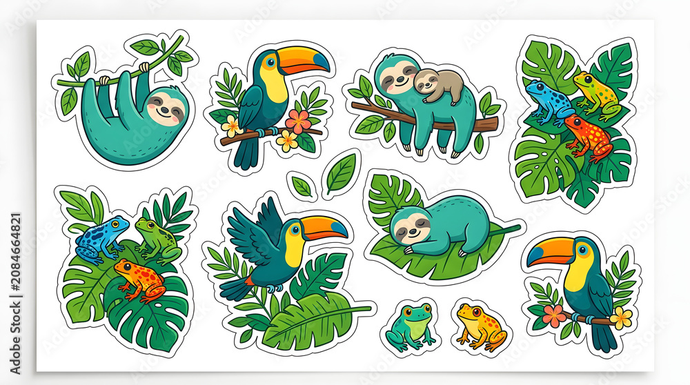 Fototapeta premium Jungle Friends Collection: A vibrant set of illustrations featuring adorable sloths, colorful toucans, and lively frogs amidst lush tropical foliage, capturing the essence of rainforest biodiversity.
