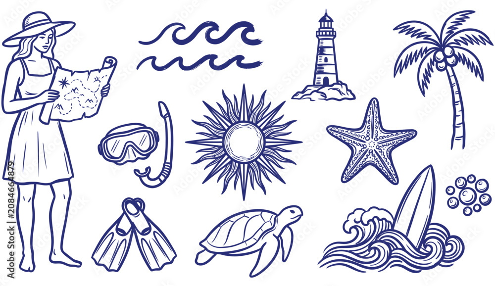 Fototapeta premium Blue line art summer beach vacation elements set including woman with map, lighthouse, turtle, palm tree, and surfboard