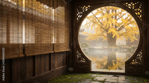 Traditional Chinese garden view through a circular moon gate with golden autumn foliage and calm water