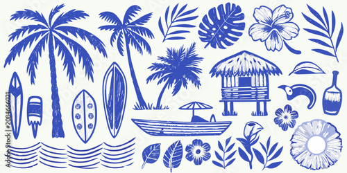 Obraz na płótnie tropical plants and beach items detailed illustration on white background palm t