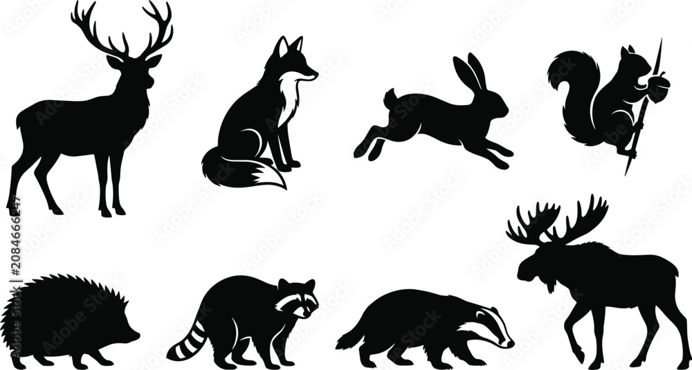 Obraz premium Woodland Animal Silhouette Collection with Deer Fox Rabbit Moose and Forest Wildlife Vector Set