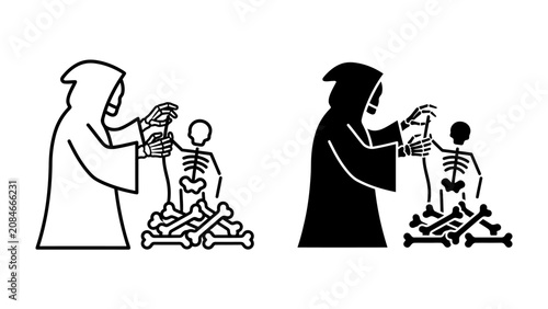 Bild auf Leinwand Grim Reaper Teaching Skeleton: A stylized illustration depicts the Grim Reaper, cloaked in black, instructing a skeleton assembled from bone fragments