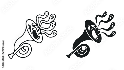 Obraz na plátně Spooky Horn with Ghostly Eruptions: A whimsical illustration of a French horn, depicted in both line art and silhouette, from which several ghostly figures are emerging