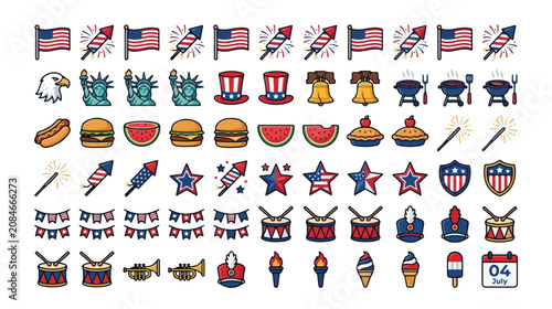 Obraz na płótnie American Independence Day icons set, 4th of July patriotic symbols vector collec