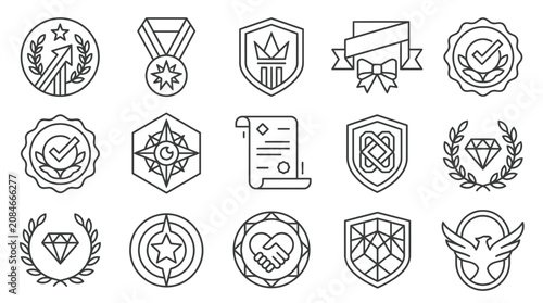Corporate recognition and business award icons featuring shields stars and certificates.