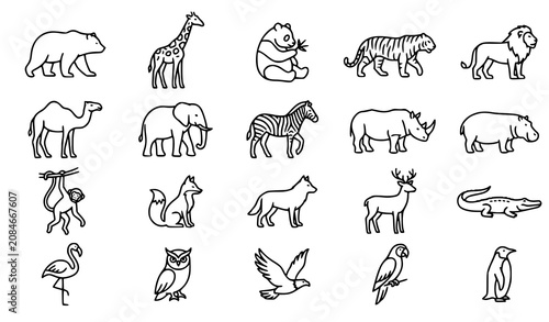 Canvas Print Minimalist Wild Animals Line Art Icon Set with Lion, Elephant, Giraffe, Bear, Pa