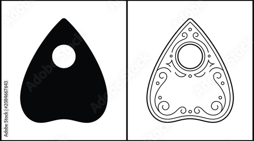 Planchette Icon with Black Silhouette and Thin Outline Designs for Divination or Occult Concepts