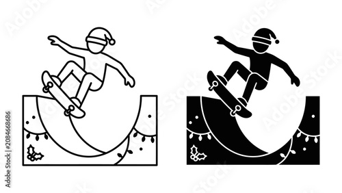 Bild auf Leinwand Christmas Skateboarding Fun: A stylized illustration depicts a skateboarder in a Santa hat performing a trick on a half-pipe adorned with festive Christmas lights and holly