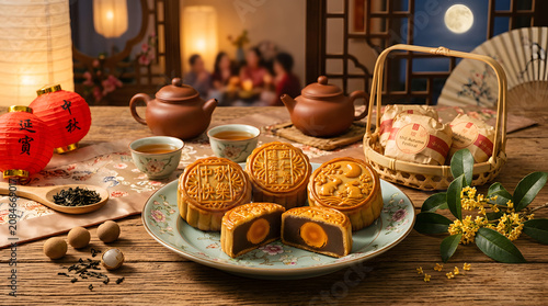 Mooncakes and tea on wooden table for mid-autumn festival isolated on a transparent background