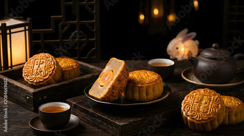 Mooncakes with tea and rabbit lantern for mid-autumn festival isolated on a transparent background