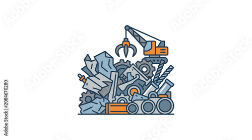 Konstfotografi Scrap Metal Junkyard Vector Illustration with Claw Crane