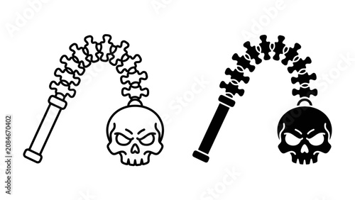 Foto Scourge with Skull Head: A graphic representation of a scourge, featuring a handle and a chain adorned with multiple heads, culminating in a menacing skull, symbolizing power and destruction