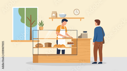 Foto Customer at a bakery counter buying fresh baked goods from a baker