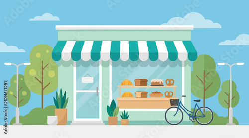 Foto Flat design illustration of a bakery shop exterior with baked goods and bike