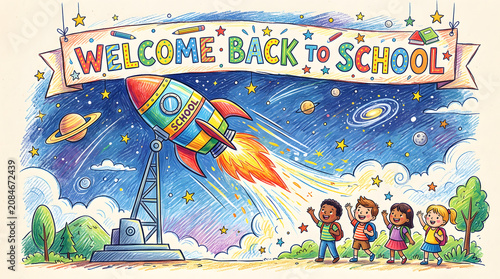 Welcome back to school banner with rocket and children isolated on a transparent background