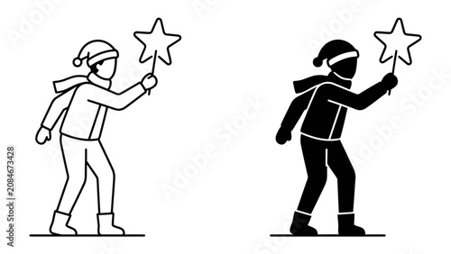Foto Child with Star Wand: Two stylized figures, one in outline and one in silhouette, depict a child wearing a winter hat and scarf, holding a star-shaped wand aloft