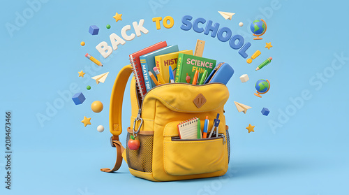 Yellow backpack filled with school supplies and text isolated on a transparent background