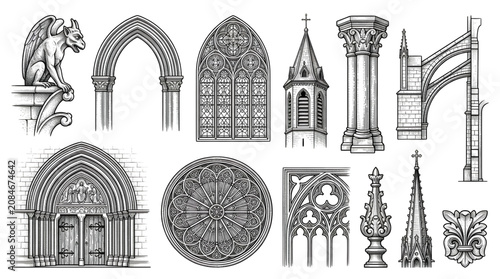 Fotografía Gothic Architecture Vector Collection with Gargoyle Arches Stained Glass Bell To
