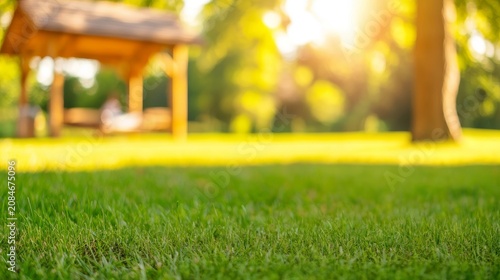 Green grass lawn with blurred sunny park and wooden gazebo background