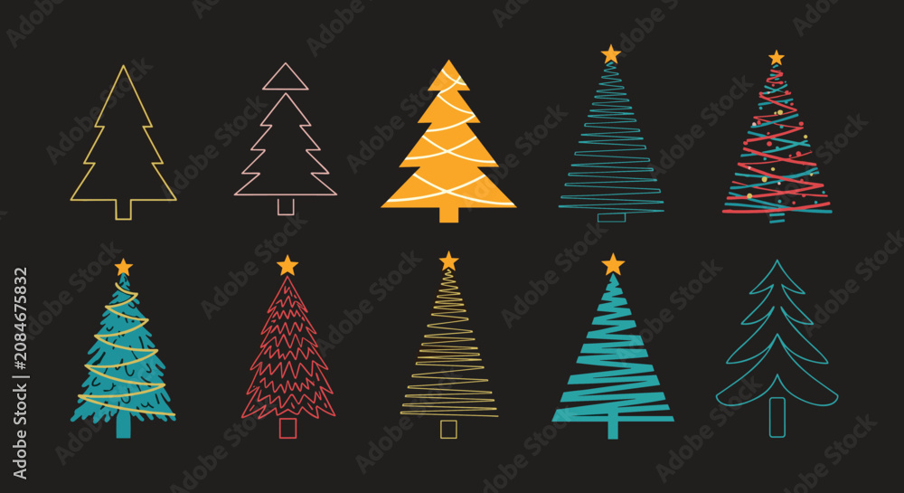 Obraz premium Creative collection of ten stylized Christmas tree icons with diverse designs and decorations on a dark background.
