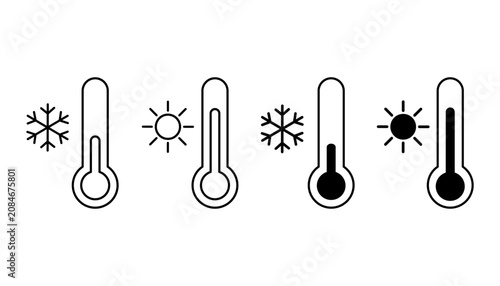 Fotografía Thermometer icon set with sun and snowflake symbols, hot and cold temperature ic