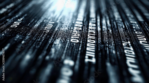 Digital data streams flow across the screen with numbers and letters in a dark space during a late night session