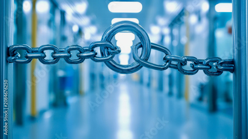 Chain and lock secure a door in a hallway in a building during daytime
