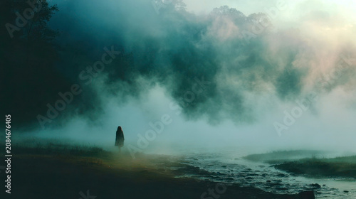 Fog covers a river in the morning while a person walks on the bank away from the camera and into the mist