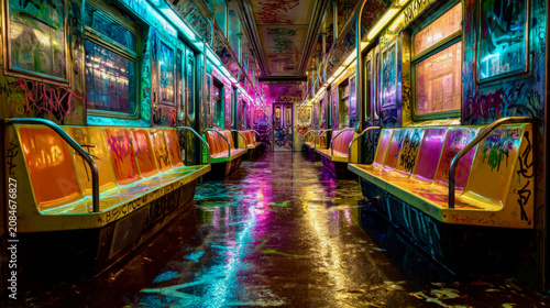 Urban subway train interior shows colorful lights and graffiti on walls and seats late at night in the city