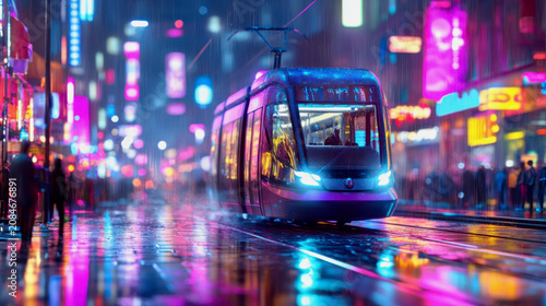Rain falls on a city street at night with a tram passing by and colorful lights reflecting on wet ground