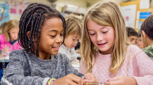 Children work together on a craft project in a classroom during a group activity