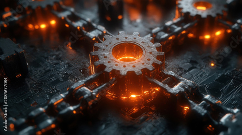 Gears and lights interact in a digital landscape showing technology and design at work