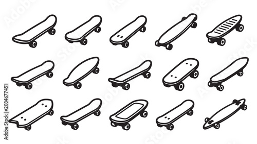 Set of various hand drawn skateboard icons with different board shapes and styles