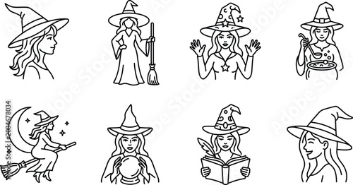 Foto Magical Witch and Witchcraft Line Art Vector Icon Set for Halloween