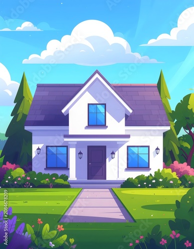 Charming purple house with white trim and garden.
