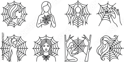 Mystic Women and Spiderweb Line Art Vector Icon Set